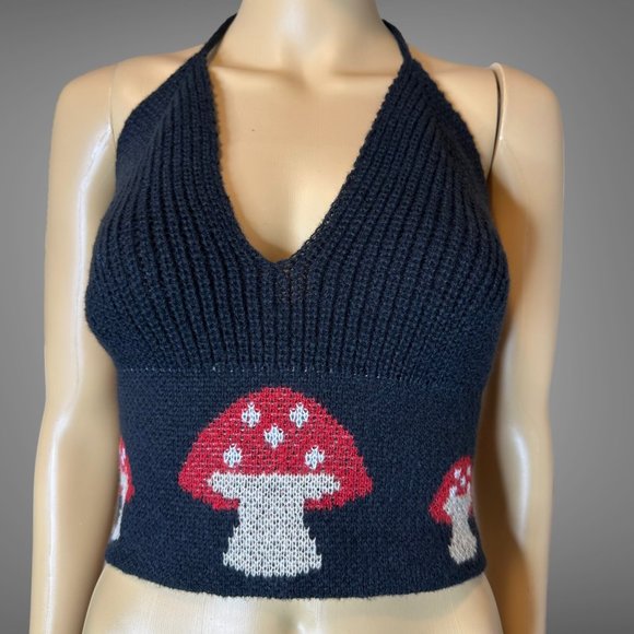 Womens Halter Crop Top Knit Large L Black Red Stretch Backless Mushroom … - Picture 6 of 16